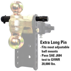 TowWorks long 4-1/2 inch pin next to measuring tape for fit clarity