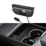 TPARTS front installed in Tesla console showing tidy charging solution