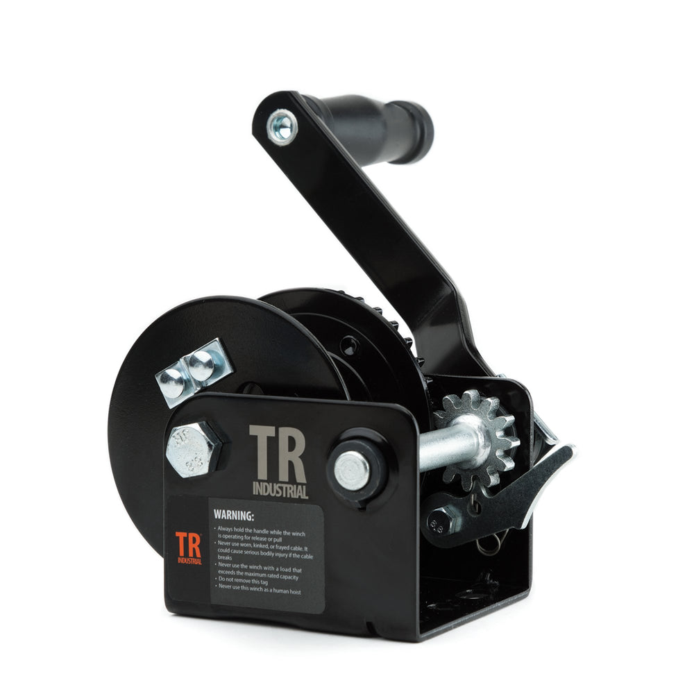 TR Industrial front view mounted winch showing durable steel housing and plating for long life