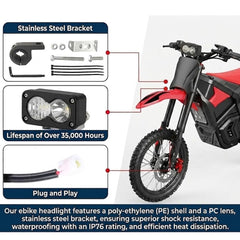 Treayes headlight mounted on handlebar of dirt bike, provides wider road coverage