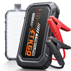 TREKURE front view showing compact jump starter and benefit quick-start power