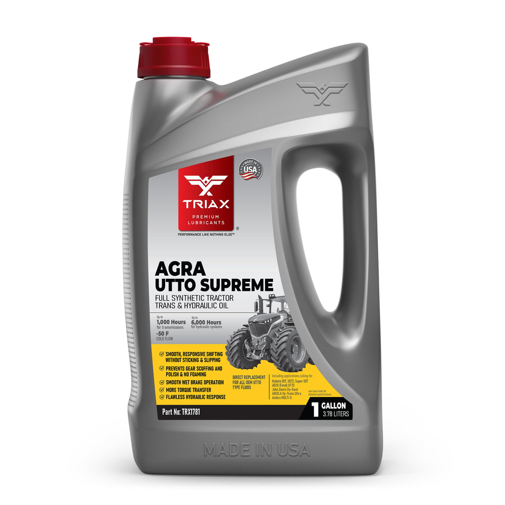 Triax Agra UTTO gallon front label showing compatibility and benefits