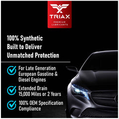 Triax label closeup listing VW, BMW and MB specifications and trust
