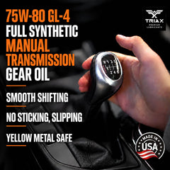 Triax Synergy Gear MT back label close-up listing OEM specs and usage benefit