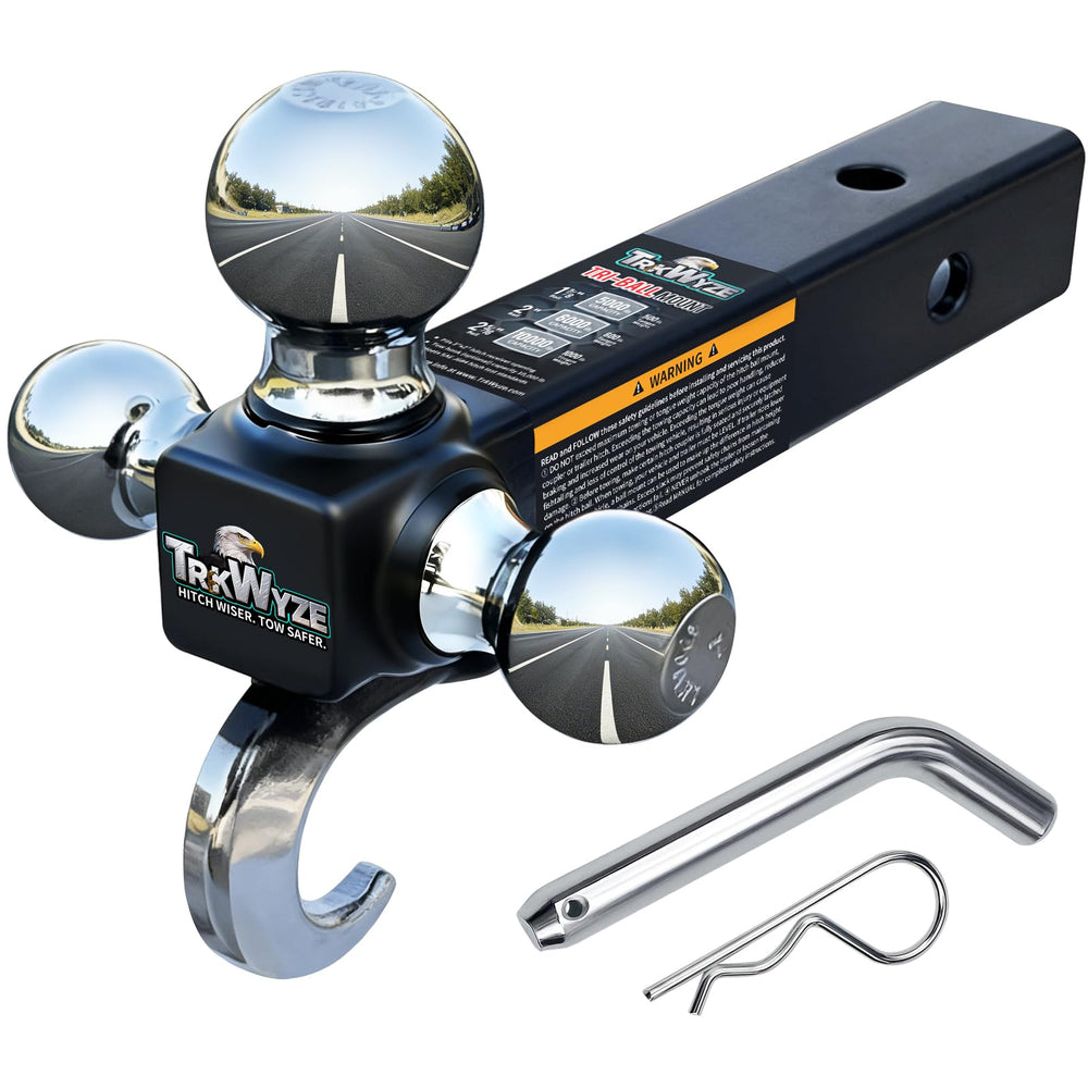 TrkWyze front view of tri-ball hitch showing all three balls and shank for versatile towing