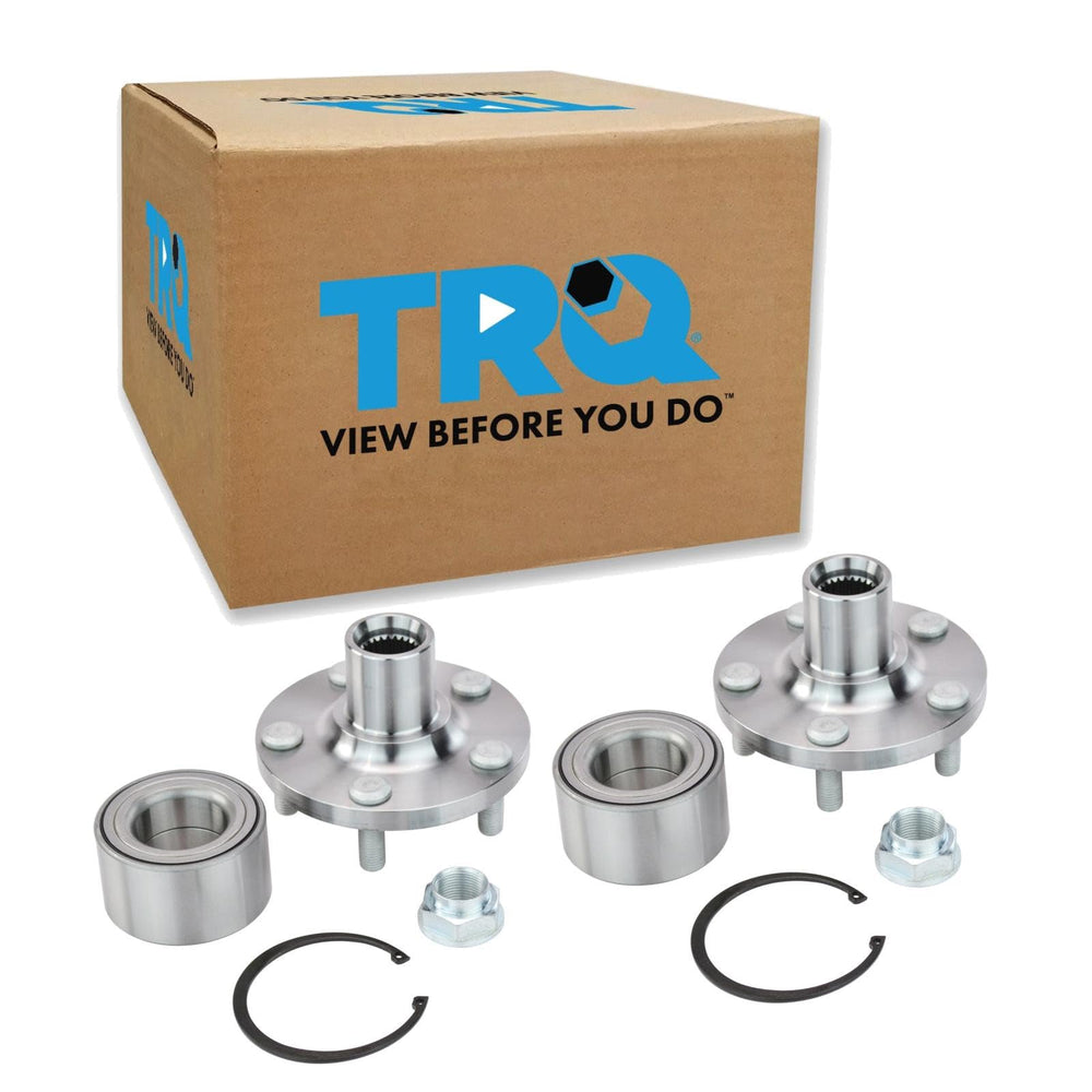 TRQ front hub pair packaging showing both assemblies and easy replacement benefit