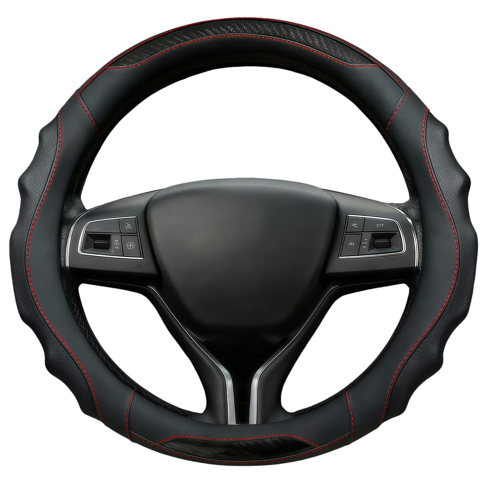 TRROCC front view showing black leather cover and red stitching benefit: stylish upgrade