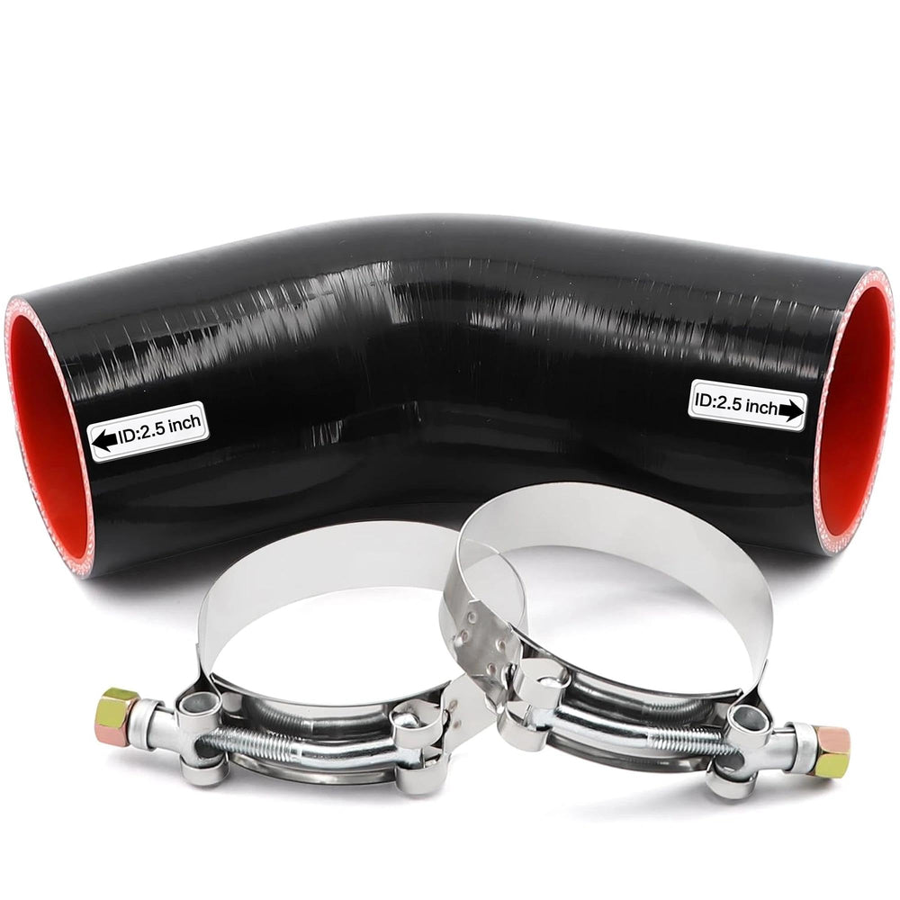TuoLauthon front view of 45° silicone elbow showing profile and ports, highlights compatibility