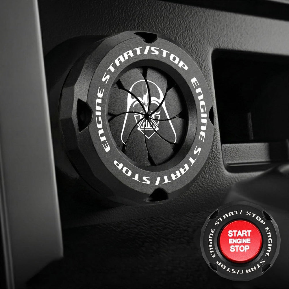 Tybasthe front view of Darth Vader start button cover highlighting design and fit benefit
