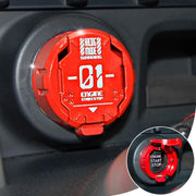 Tybasthe front view of red start button cover showing sporty protection