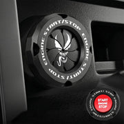 Tybasthe front view of black venom start button cover showing sleek finish and protection