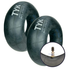 TYK Industries front packaging showing two 25x8-12 inner tubes and included valve nuts for reliable replacement