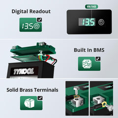 TYKOOL battery beside ruler noting 175x87x155mm dimensions for fitment clarity