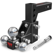 TYT tri-ball mount front view showing all three ball sizes and benefit of multi-size towing
