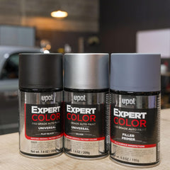 U-POL gray primer sprayed on metal panel demonstrating uniform coverage for inspection
