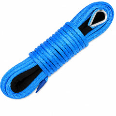 Ucreative blue winch rope front view showing label and coiled rope for easy ID and choice