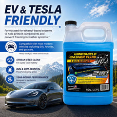 UCS spray on windshield with wipers clearing bugs for improved visibility