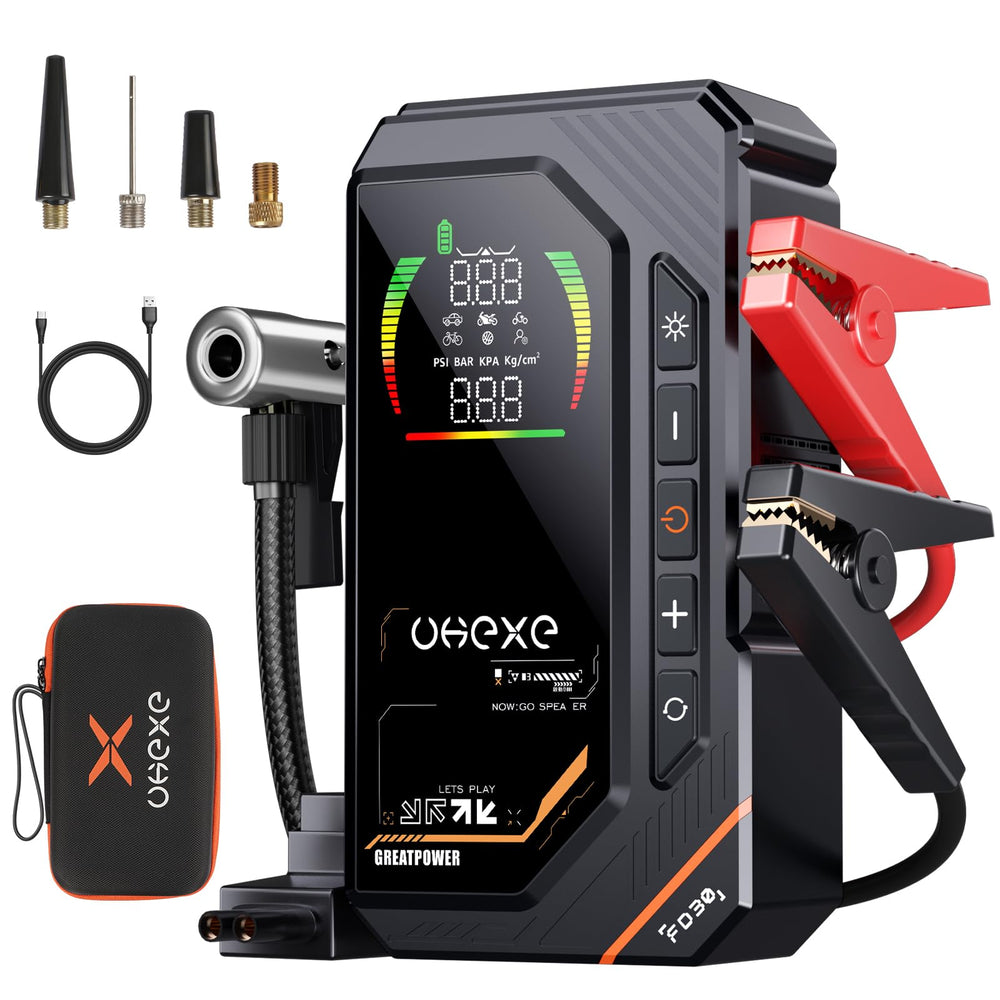 UKEXE jump starter front panel showing display and controls for quick starts