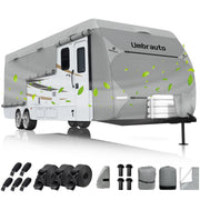 Umbrauto front view of full RV cover protecting a 28ft trailer for exterior defense