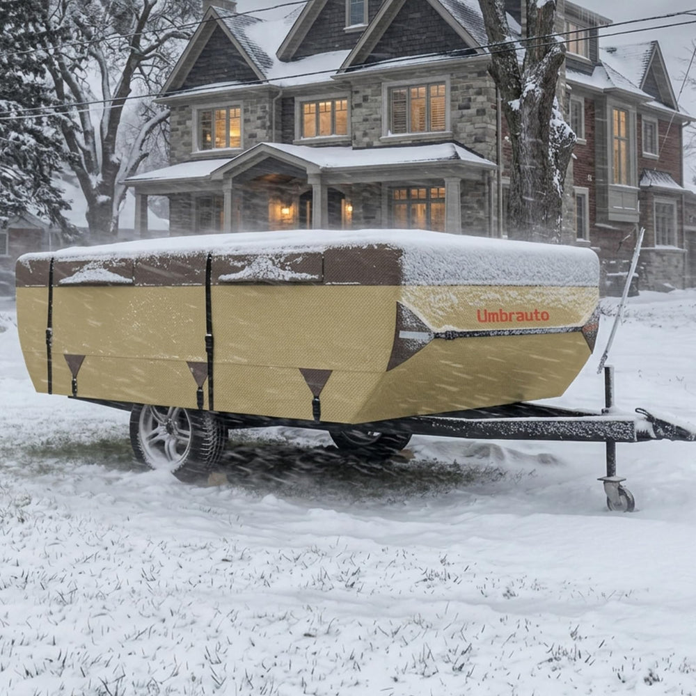 Umbrauto front view of covered pop-up camper showing full protection