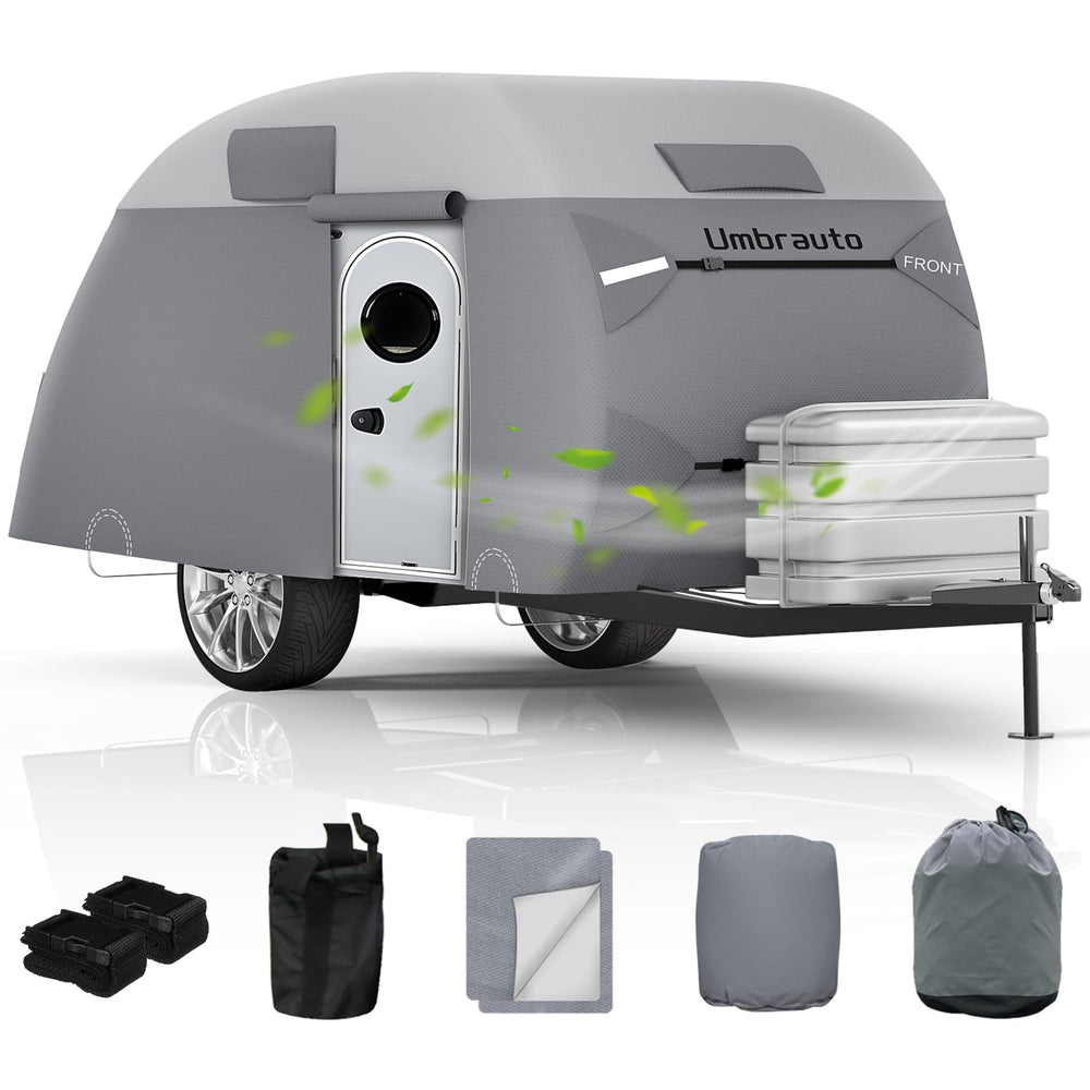 Umbrauto front view of cover fitted on teardrop trailer protecting finish