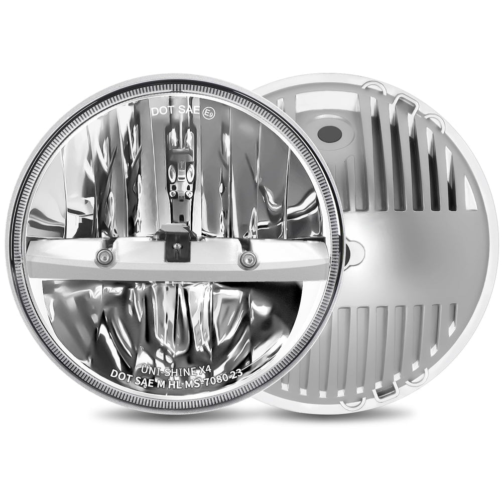 UNI-SHINE front view showing chrome 7-inch LED headlights and benefits of brighter illumination