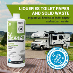 Unique pouring treatment into RV toilet showing simplified dumping