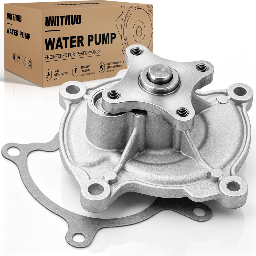 UNITHUB front view water pump showing mounting flanges and gasket for direct fit