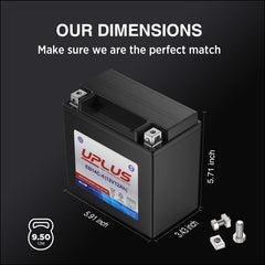 UPLUS YTX14-BS label closeup displaying specs and easy identification benefit