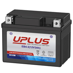 UPLUS battery front view showing compact maintenance-free design and reliable power