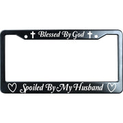 URCustomPro front view of black metal license plate frame showing colorful text and durable finish