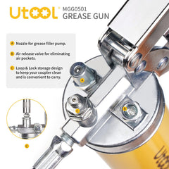 UTOOL coupler detail showing patented push-lock-lubricate mechanism for fast connection
