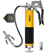UTOOL grease gun front view showing compact 14 oz reservoir and durable finish