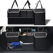 UYYE front view of trunk organizer showing pockets and compact profile benefit