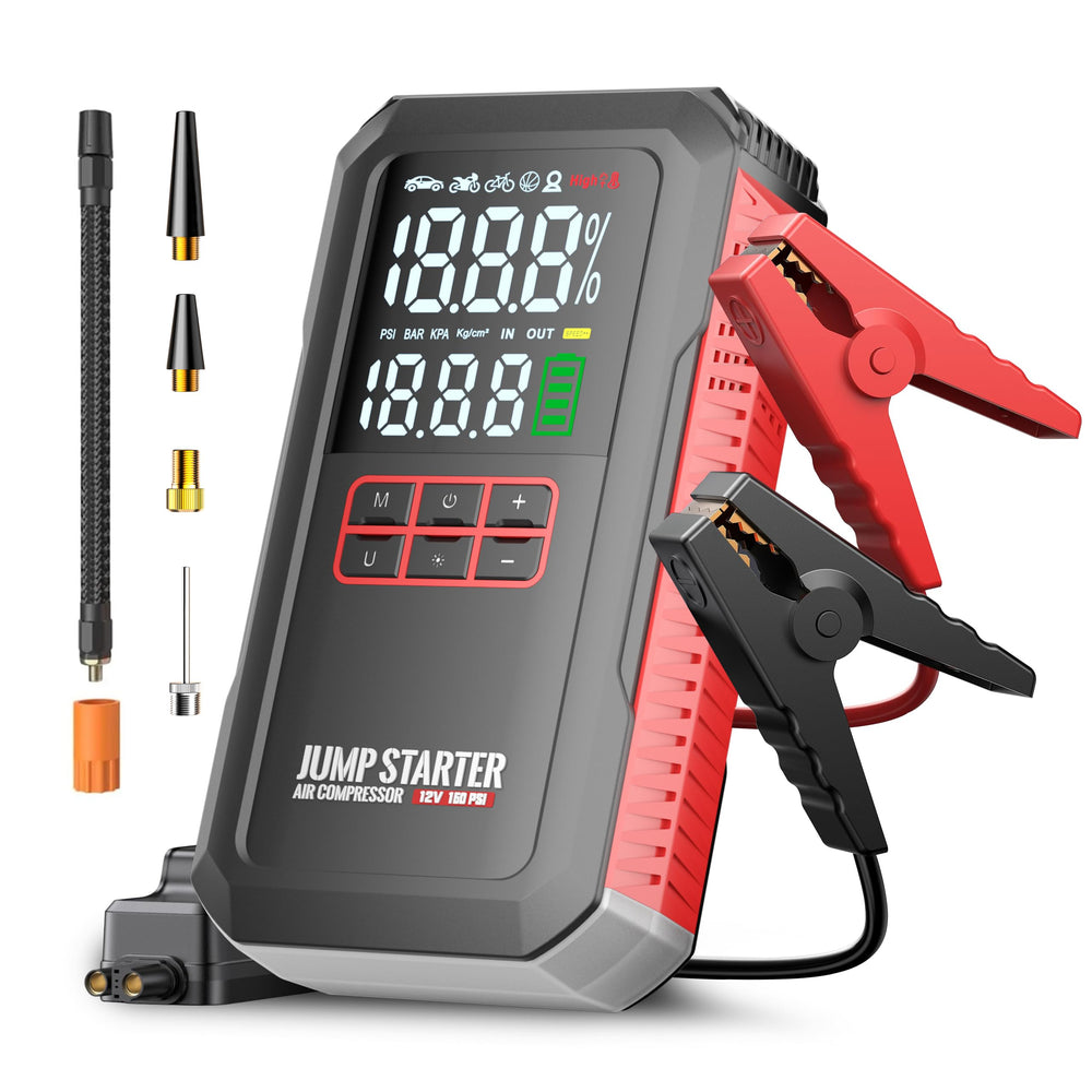 UZNY front view of jump starter showing controls and ports for quick access