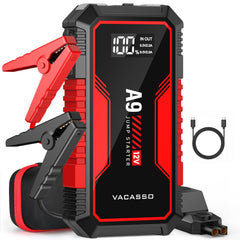 VACASSO A9 front view showing compact jump starter and quick access controls for roadside readiness
