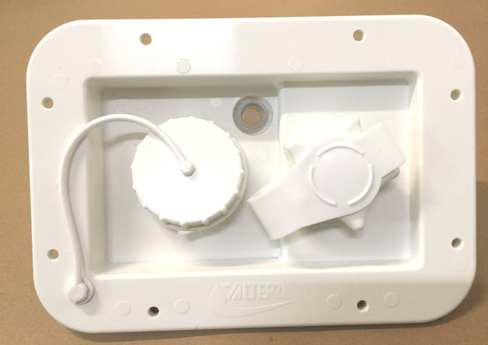 Valterra front face water fill showing clean white dish and fittings for easy access