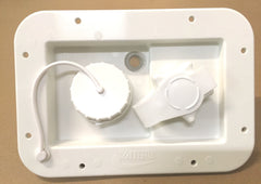Valterra front face water fill showing clean white dish and fittings for easy access