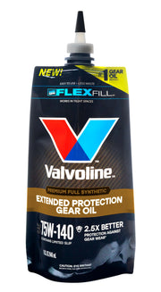 Valvoline pouch front view showing branding and quick-pour design benefit