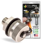 ValvoMax front view of valve and cap showing durable stainless steel and tidy design benefit