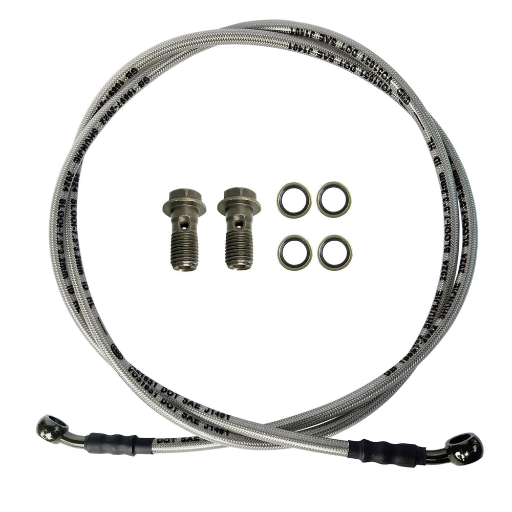 Vanlison braided brake hose front view showing full length and fittings, durable replacement benefit