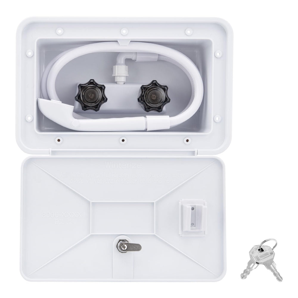VECKYJL exterior box front view showing compact durable housing and easy access