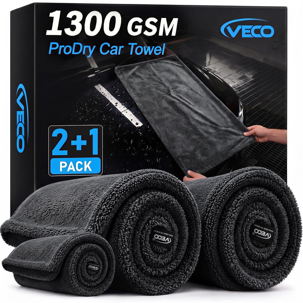 Veco front packaging showing three black drying towels and key features