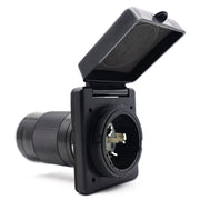 Veepeak front inlet face showing twist-lock plug and weather cap, durable exterior