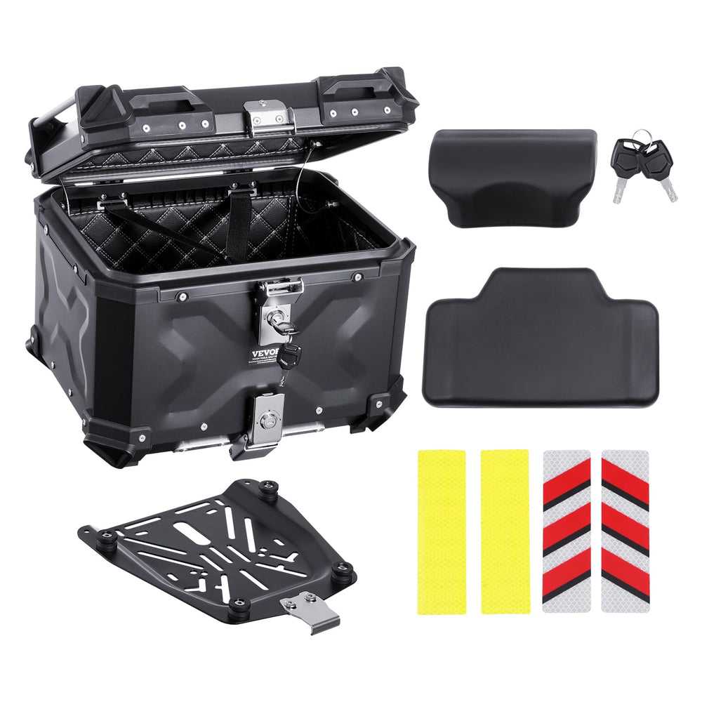 VEVOR front view of 55L aluminum top case showing robust design benefit