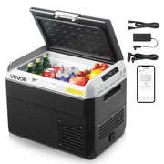 VEVOR front view of portable car fridge showing compact design and logo benefit