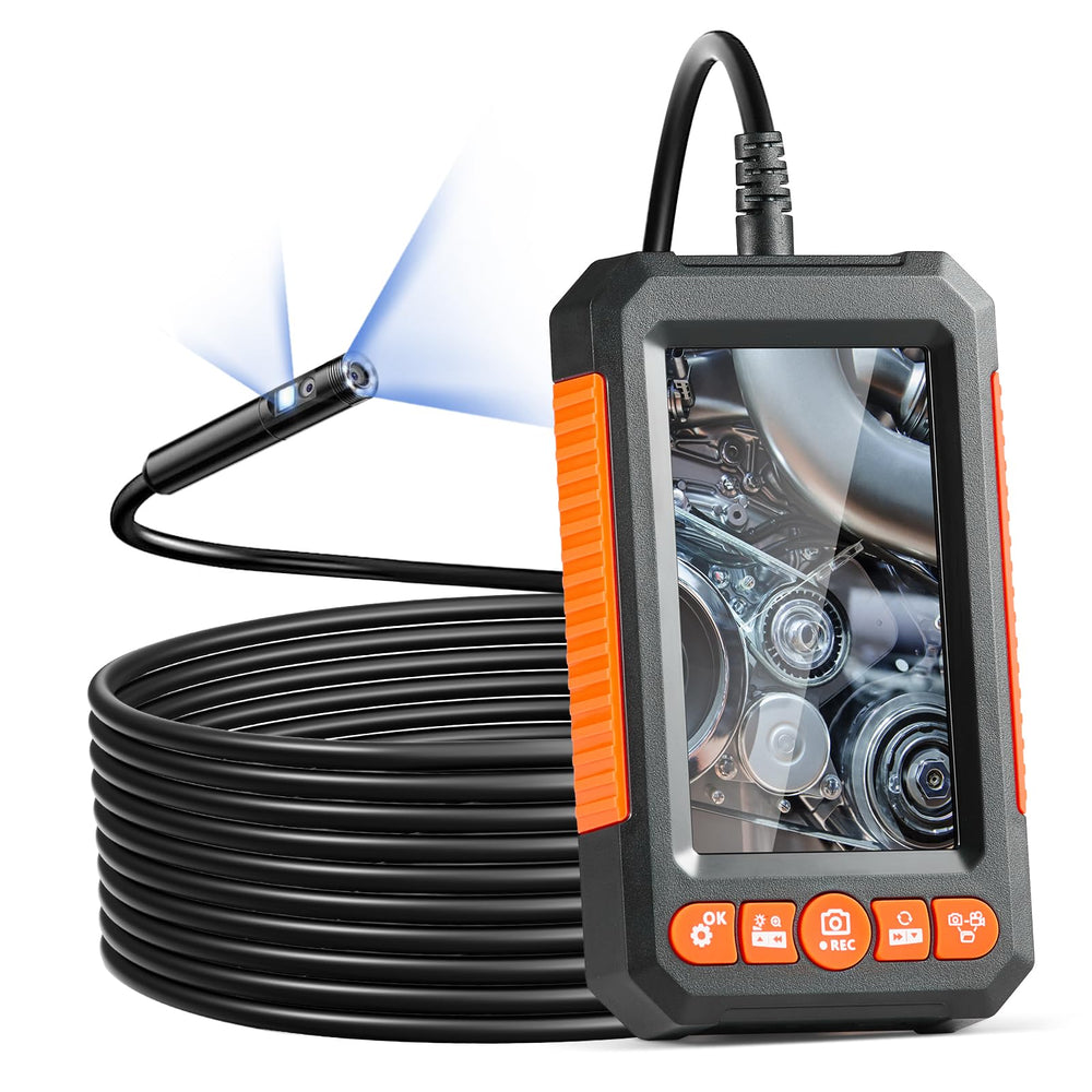 VEVOR product packaging showing dual-lens borescope and accessories, clear unboxing benefit