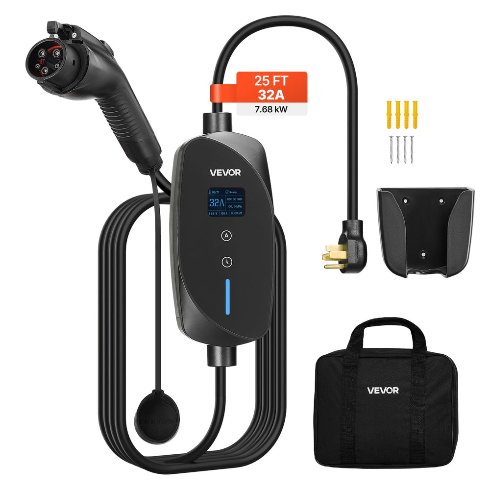 VEVOR front view of portable Level 2 EV charger showing compact design and benefit of portability