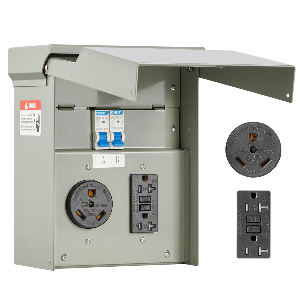 VEVOR front panel view showing outlets and secure lid, durable outdoor power access