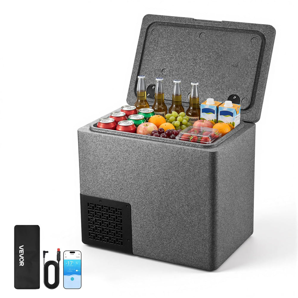 VEVOR front view of compact car fridge showing controls and handle, benefits quick access